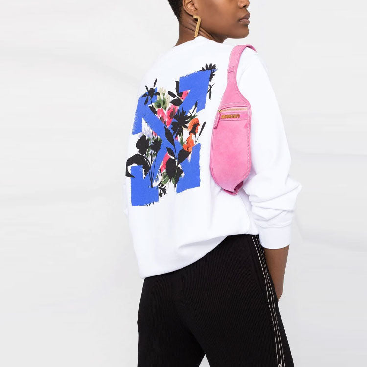 (WMNS) Off-White SS21 Arrow Logo Flowers Printing Round Neck White Hoodie OWBA055S21JER0010145