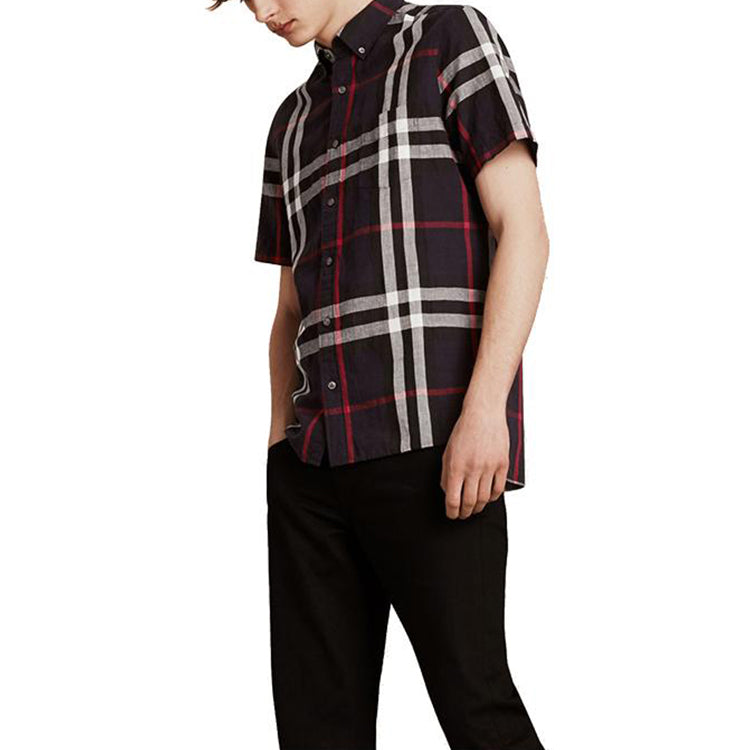 Men's Burberry Plaid Short Sleeve Shirt Navy Blue 40154301