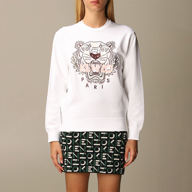 (WMNS) KENZO FW20 Tiger Head Embroidered Cotton Round Neck Long Sleeves Sports White Hoodie FA62SW8244XA-01