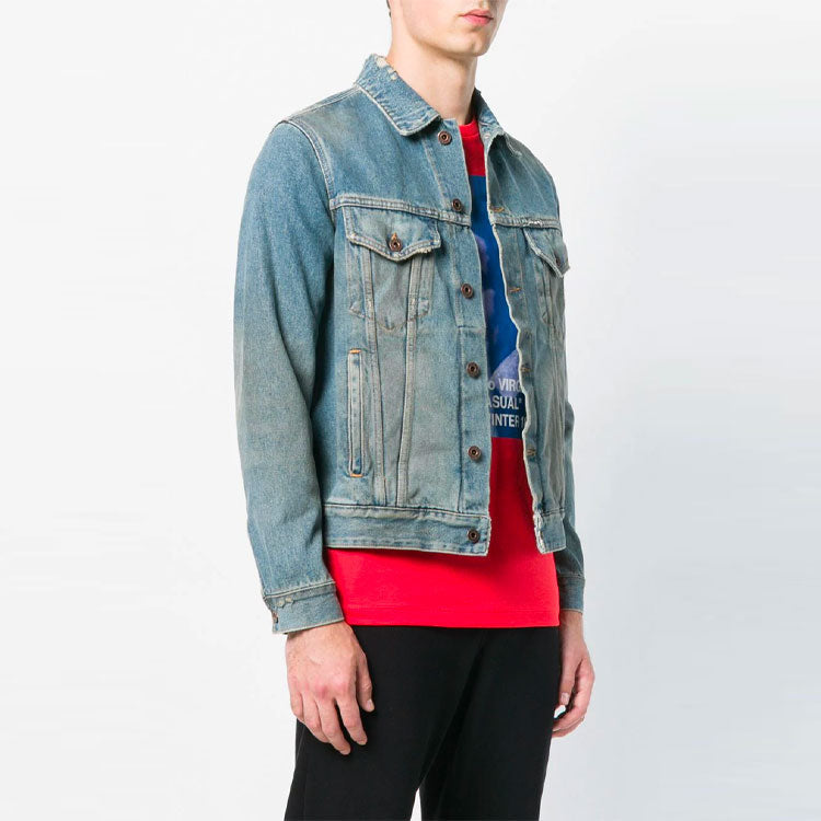 Off-White Vintage Printed Gradient Arrow Distress Denim Jacket Blue OMYE005F181660057388