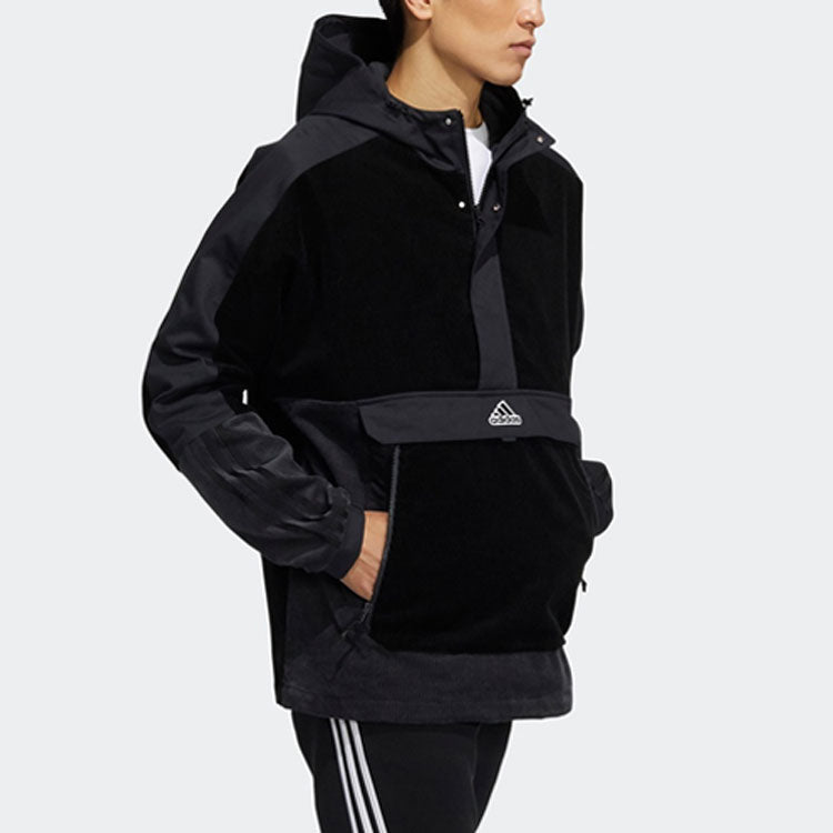 adidas M Corduroy Ank Half Zipper Splicing Sports hooded Logo Jacket Black HD0365