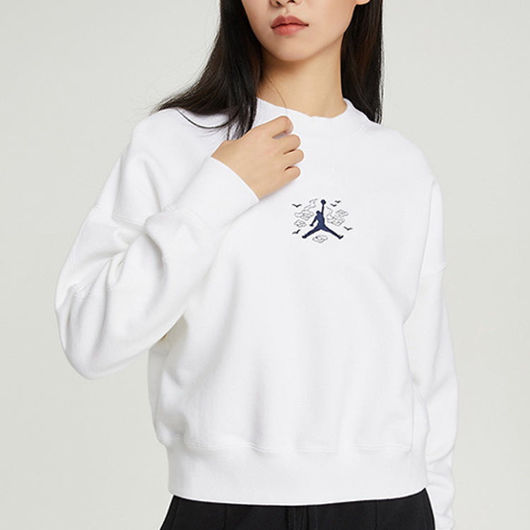 (WMNS) Jordan Solid Color Embroidered Round Neck Long Sleeves White Hoodie DQ0864-100