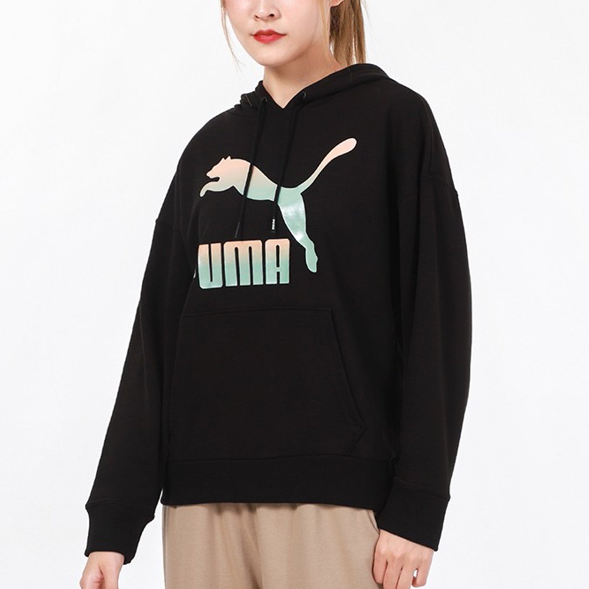 (WMNS) PUMA Classics Logo Hoodie 'Black White' 531385-71