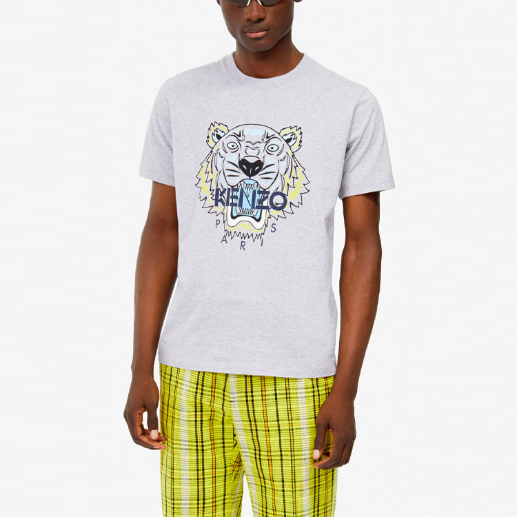 Men's KENZO Alphabet Tiger Head Pattern Printing Round Neck Short Sleeve light grey F955TS0504YA-94