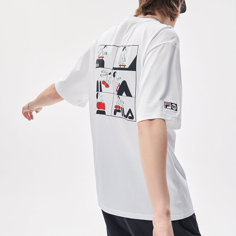 FILA FUSION x Jeremyville Crossover Skateboard Sports Printing Loose Short Sleeve Couple Style White T11U139103F-WT