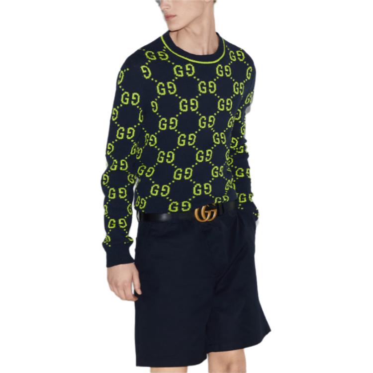 Gucci GG Cotton Jacquard Crewneck Sweater 'Navy Lime Green' 791043-XKD35-0401