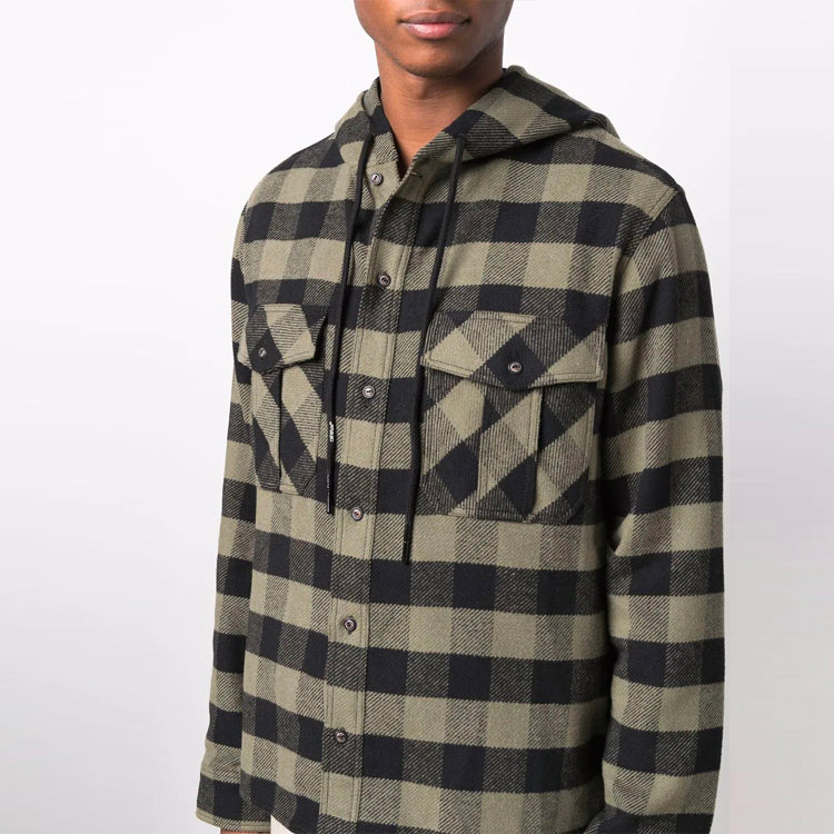 Off-White FW21 Arrow Pattern Logo Printing Plaid hooded Long Sleeves Shirt Version Green OMGA125F21FAB0011001