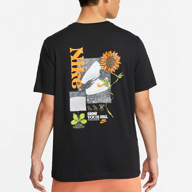 Men's Nike Logo Plant Pattern Printing Round Neck Casual Short Sleeve Black T-Shirt DQ1034-010
