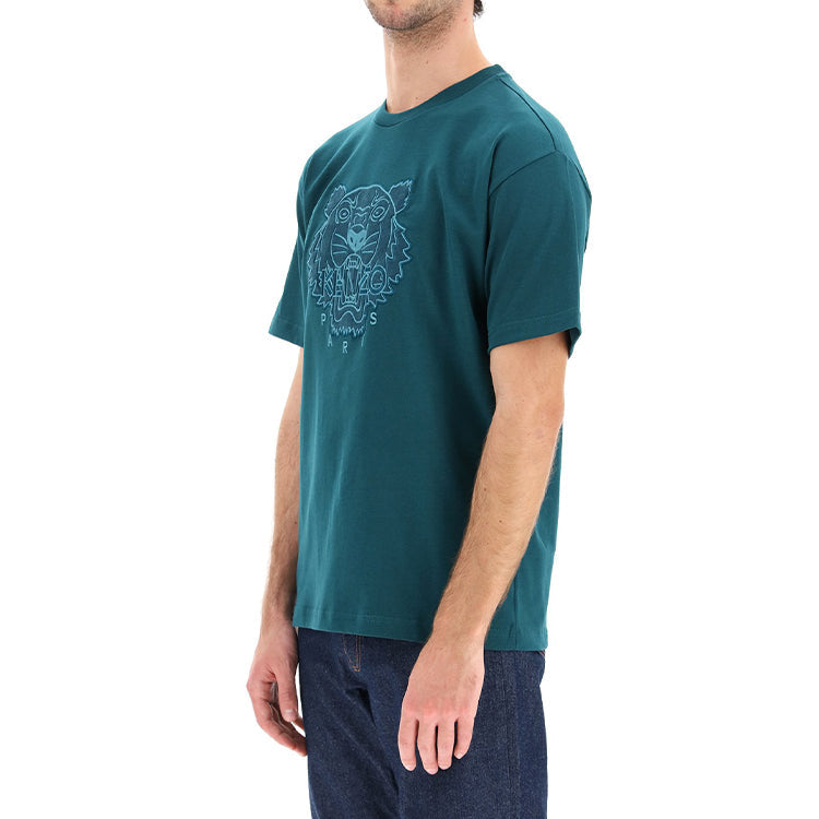 Men's KENZO Tiger Head Embroidered Cotton Loose Version Round Neck Short Sleeve Green FA65TS0654YI-73