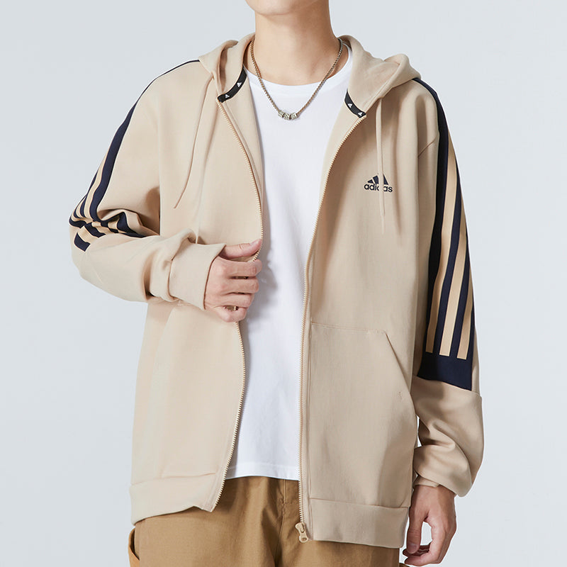 Men's adidas FI 3S FZ Athleisure Casual Sports Hooded Stripe Knit Jacket Khaki HK4570