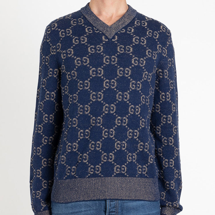 Gucci GG Jacquard Pull Knit For Men Navy 614744-XKBAU-4079
