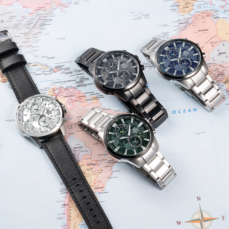 Men's CASIO Edifice World Map Series Fashion Business Stylish Metallic Strap Green Watch Mens Analog EFR-303DB-3AVUPR