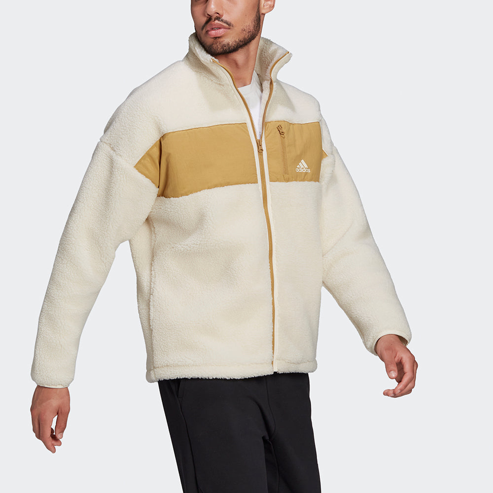 adidas Winter Jacket Colorblock Splicing Fleece Stay Warm logo Sports Stand Collar Creamy White HI1186
