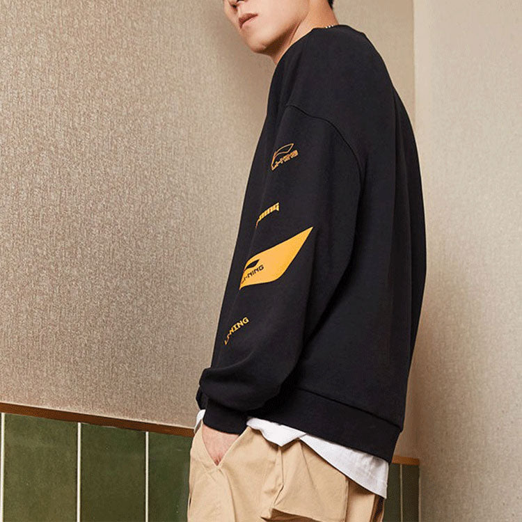 Li-Ning Training Series Contrasting Colors Logo Printing Fleece Lined Stay Warm Loose Pullover Black AWDRD38-9
