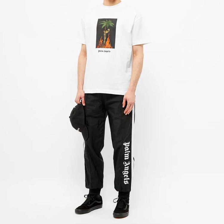 Men's PALM ANGELS Burning Skeleton Tee Flame Printing Short Sleeve White PMAA001R204130260188
