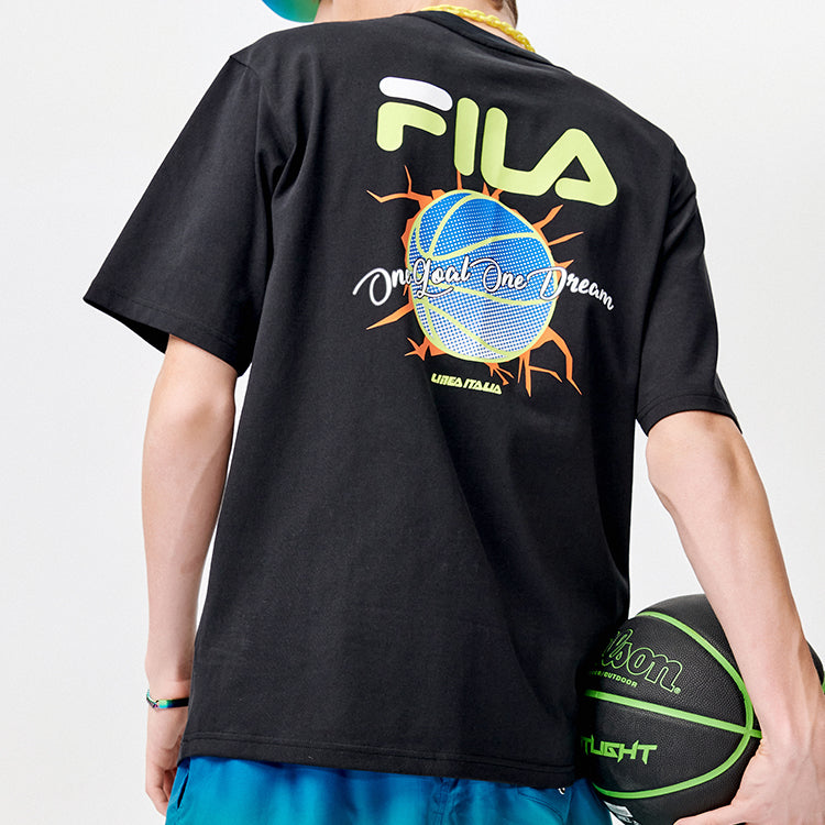 Men's FILA FUSION Basketball Printing Loose Sports Short Sleeve Dark Black T-Shirt T11M125107F-BK