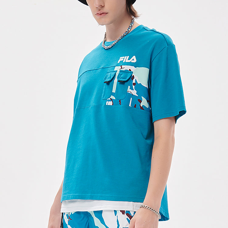 Men's FILA FUSION Pocket Patchwork Print Loose Sports Round Neck Short Sleeve Green T11M133107F-BU