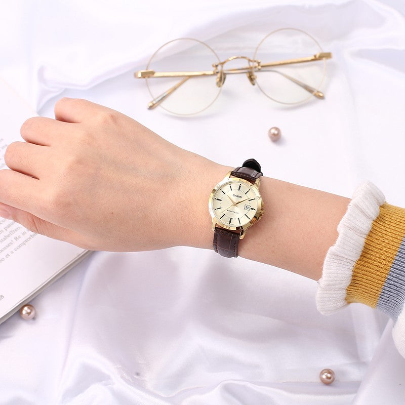 CASIO Vintage Waterproof Leather Band Gold/ Brown Analog LTP-V004GL-9A
