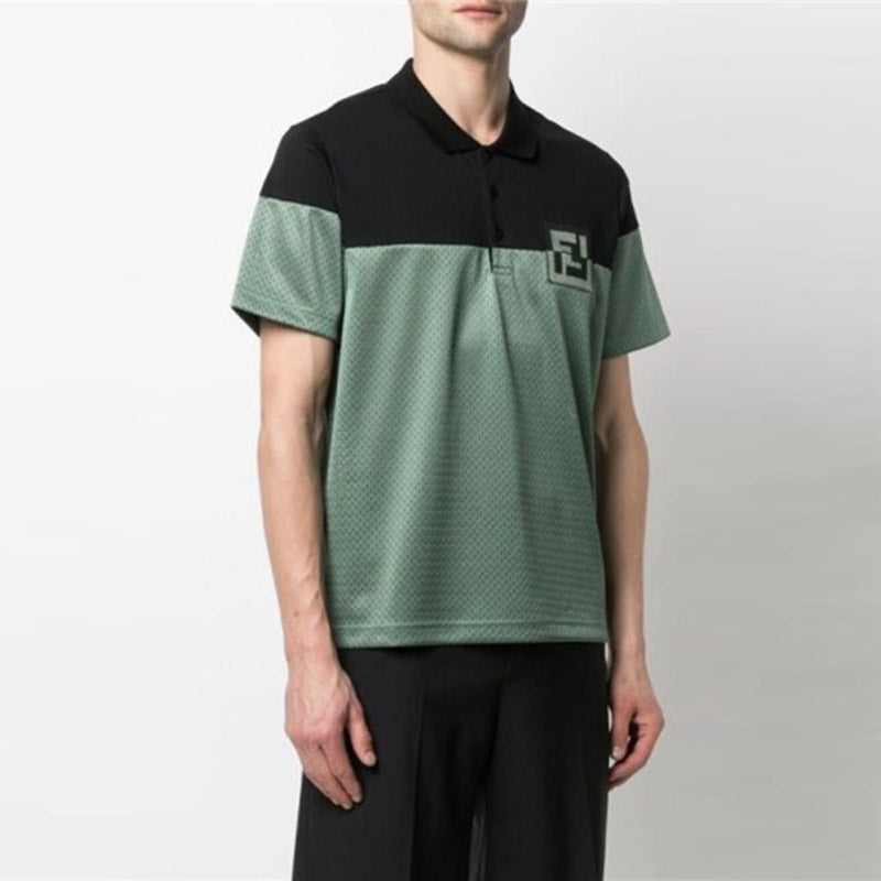 Men's FENDI SS21 Embroidered Logo Hollow Out Short Sleeve Black Sage Green Polo Shirt FAF632A52GF1DS9