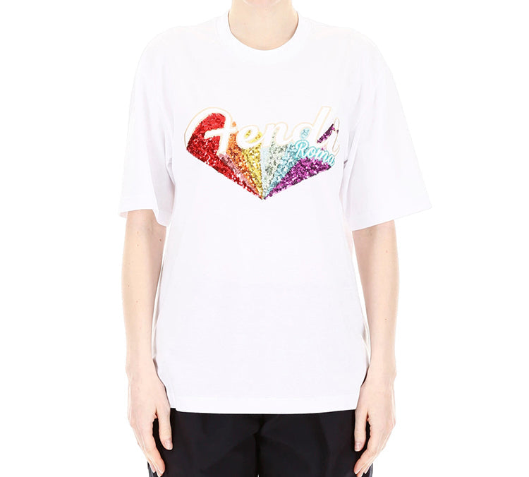 FENDI Sequin With Logo Short Sleeve White FS7011-A5HU-F0ZNM
