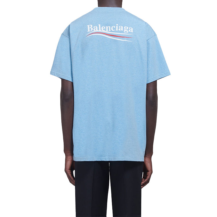 Men's Balenciaga Political Campaign Printing Version Round Neck Short Sleeve Blue 570803TBV425840