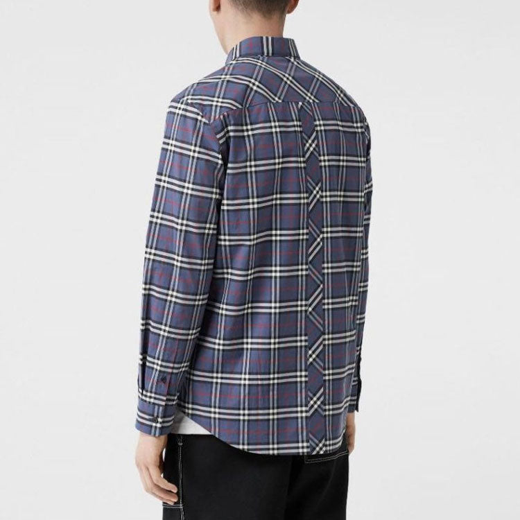 Men's Burberry Cotton Plaid Shirt Navy Blue 80175621