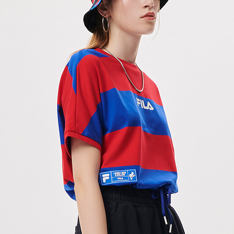 FILA FUSION Contrasting Colors Stripe Loose Round Neck Short Sleeve Blue T11W135106F-BU