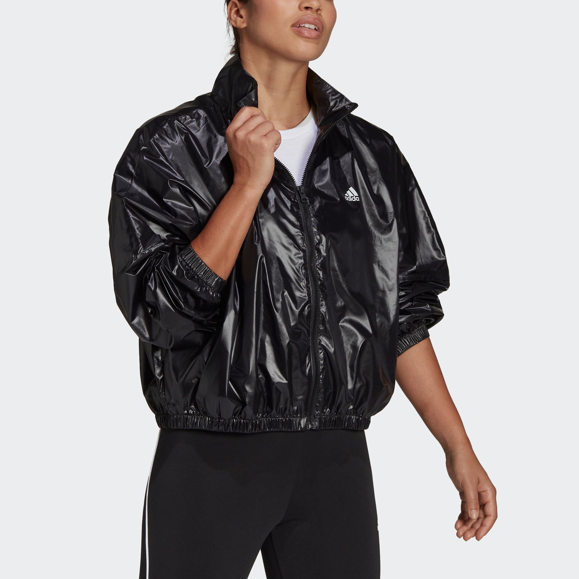(WMNS) adidas Wvn Jacket Logo Printing Glossy Stand Up Collar Jacket Coat Black HI1197