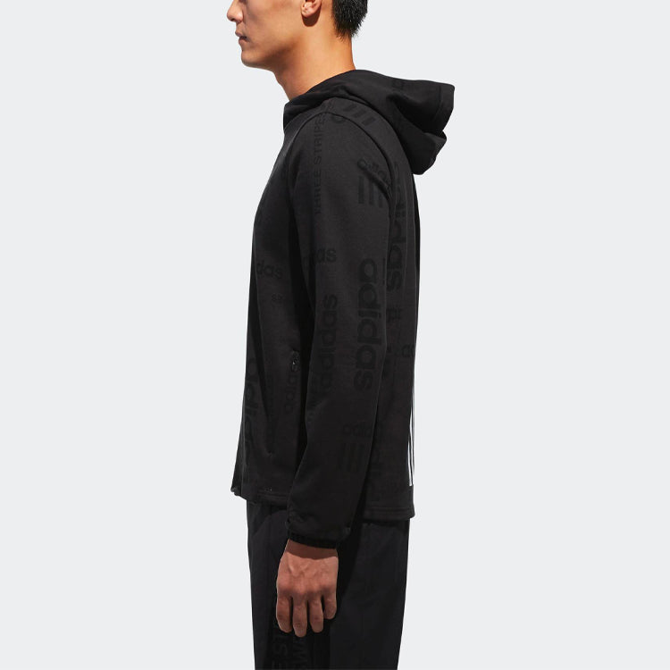 Men's adidas neo Full Print Logo Sports Pullover Hooded Knit Black CV7570