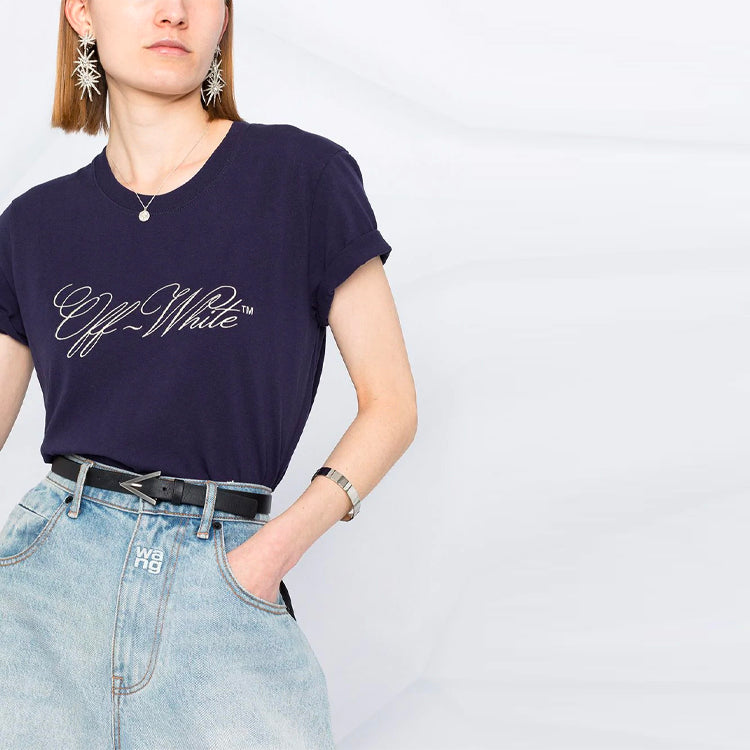 (WMNS) Off-White SS21 Logo Printing Short Sleeve Slim Fit Navy Blue T-Shirt OWAA049R21JER0124501