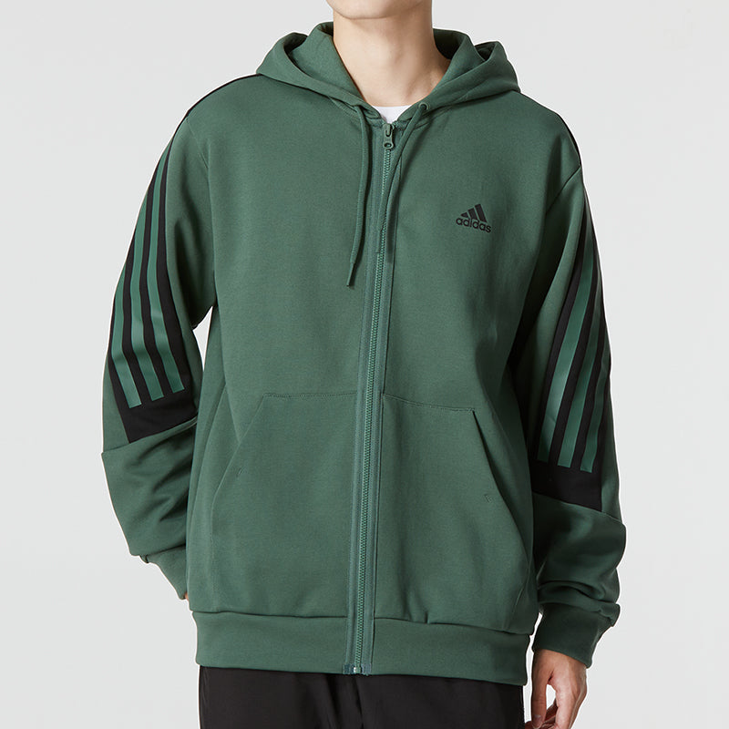 Men's adidas Stripe Logo Athleisure Casual Sports Knit Hooded Jacket Autumn Green HC5841