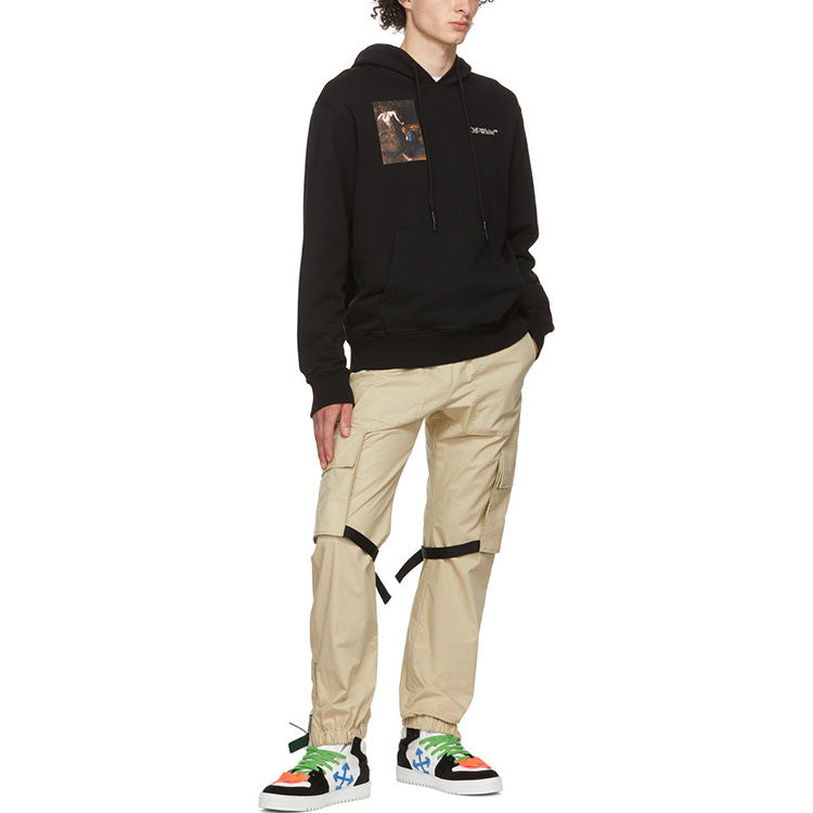 Men's Off-White Caravaggio Painting Character Alphabet Cotton Hooded Long Sleeves Pullover Black OMBB097S22FLE0011001