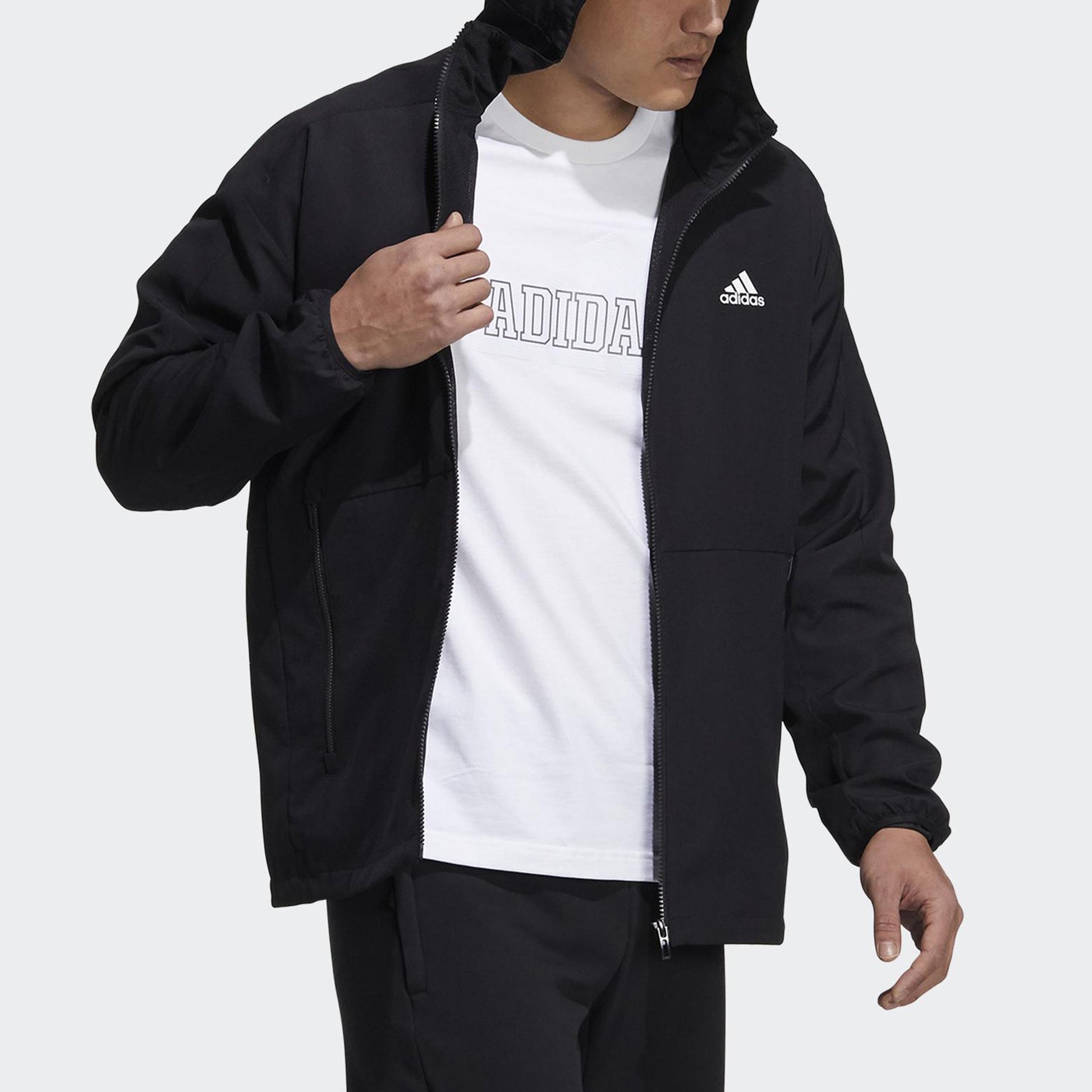 adidas Sports Long Sleeves Woven Windproof hooded Logo Jacket Black H40228