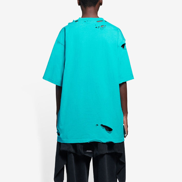 Men's Balenciaga SS21 Alphabet Printing Pattern Hole Round Neck Short Sleeve Green 651795TKVB84661
