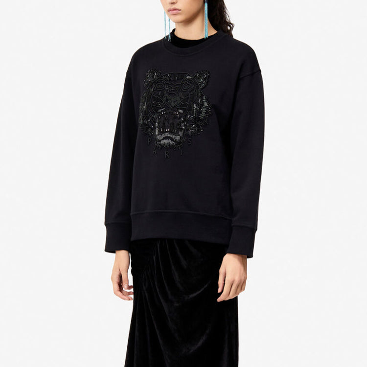 (WMNS) KENZO Embroidered Tiger Head Logo Round Neck Black Hoodie F862SW7414XV-99