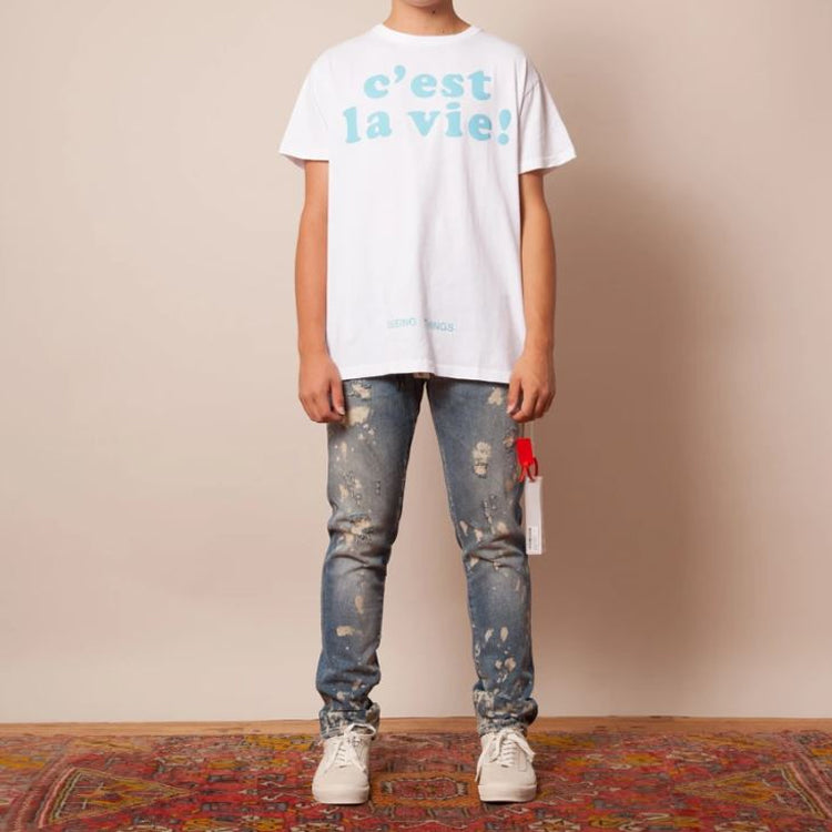 Off-White Blue Slogan Arrow Short Sleeve White OMAA002F171850750131