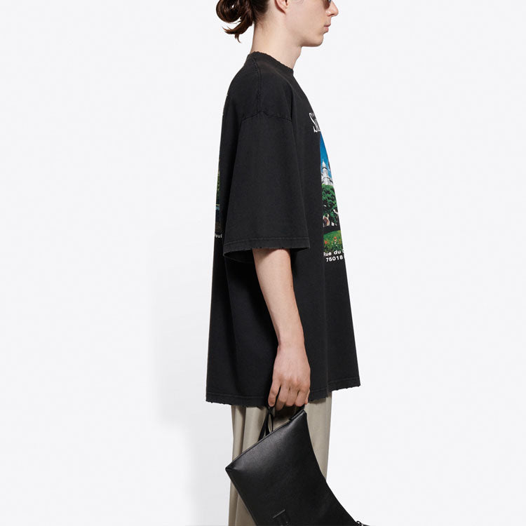 Balenciaga SS21 Retro Plain Weave Large Short Sleeve Unisex Black T-Shirt 641614TJVH61000