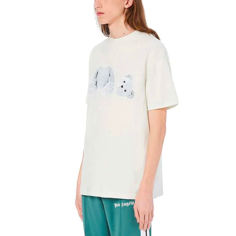 Men's PALM ANGELS Teddy Bear Pattern Printing Round Neck Short Sleeve White PMAA001E20JER0044401