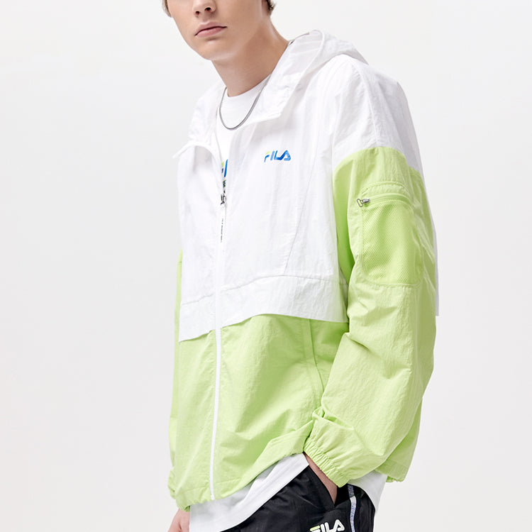 Men's FILA FUSION Splicing Contrasting Colors Thin and light Woven Loose Hooded Jacket White T11M125704F-WT