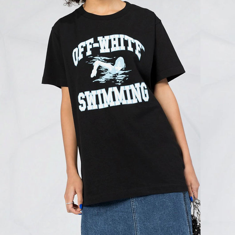 (WMNS) Off-White swimming print Short Sleeve Black OWAA071R20B070451001