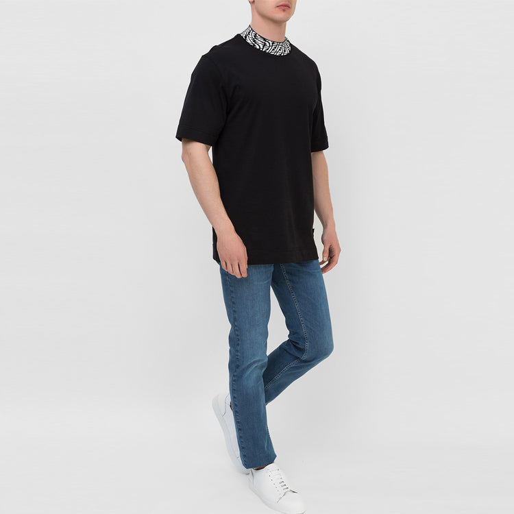 Men's FENDI FW21 F Alphabet Pattern Adornment Round Neck Short Sleeve Black T-Shirt FY1088AGAKF0PA4