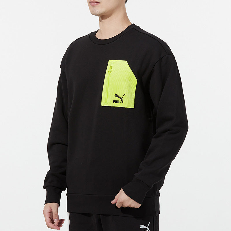 PUMA Contrasting Colors Zipper Pocket Sports Round Neck Pullover Black 535130-01