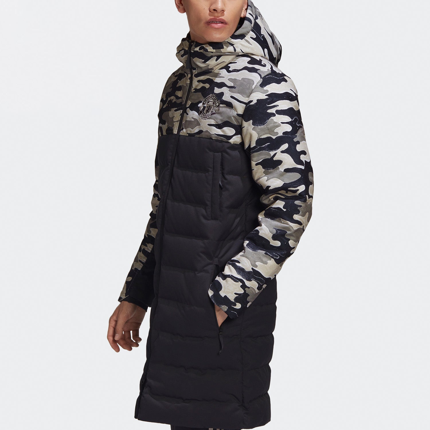 adidas Manchester United Embroidered mid-length Windproof Stay Warm hooded down Jacket Black FR3867