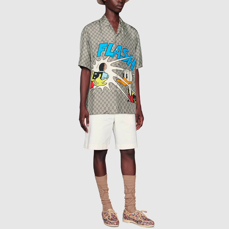 Gucci x Disney SS21 Donald Duck Print Silk Short Sleeve Shirt For Men Camel 646446-ZAGCN-2165