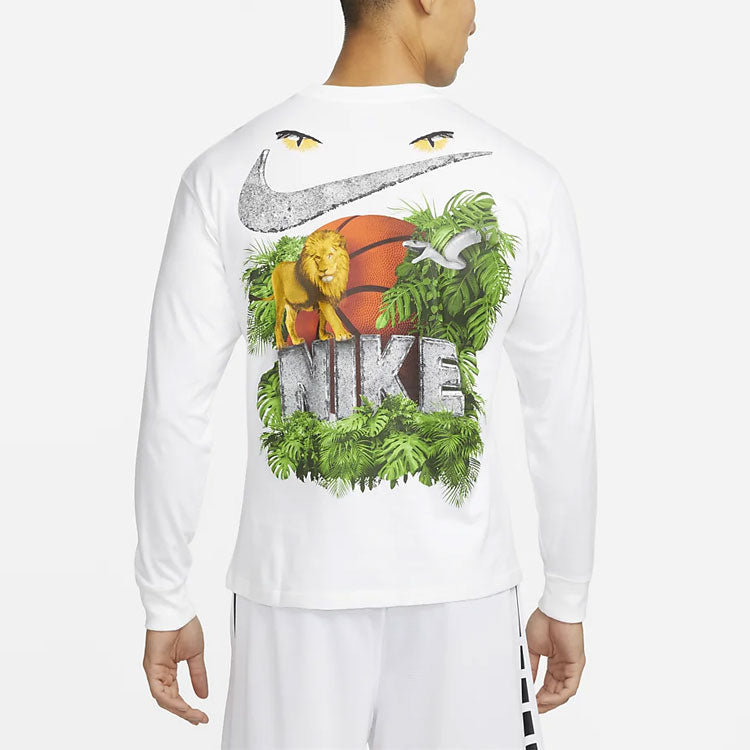 Men's Nike Back Lion Plant Pattern Printing Casual Round Neck Long Sleeves White T-Shirt DM2534-100