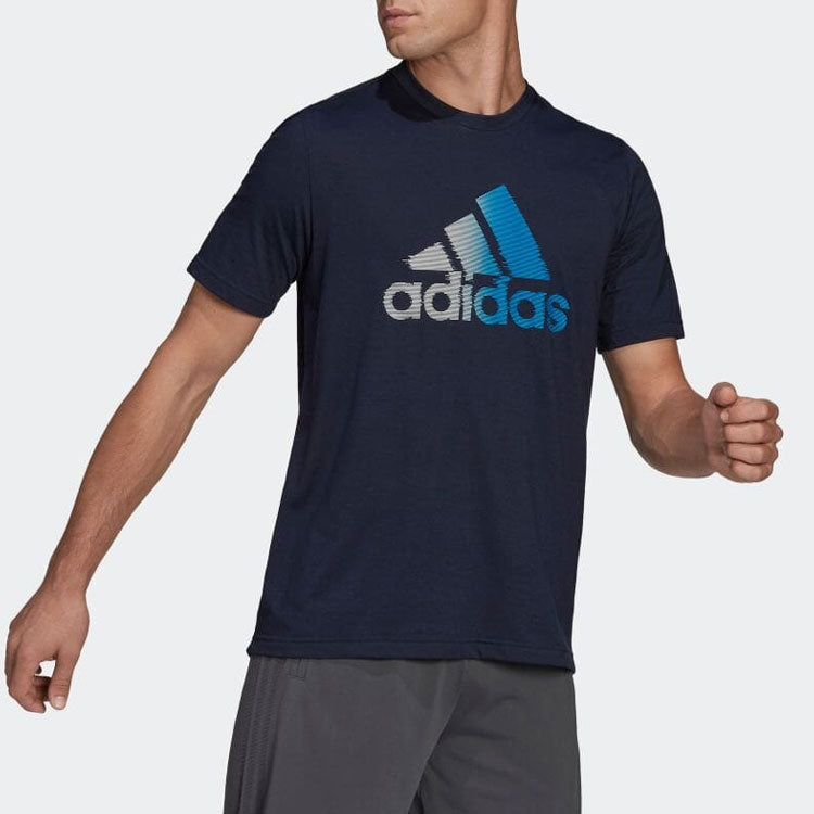 Men's adidas Logo Printing Round Neck Pullover Short Sleeve Blue T-Shirt HF7211