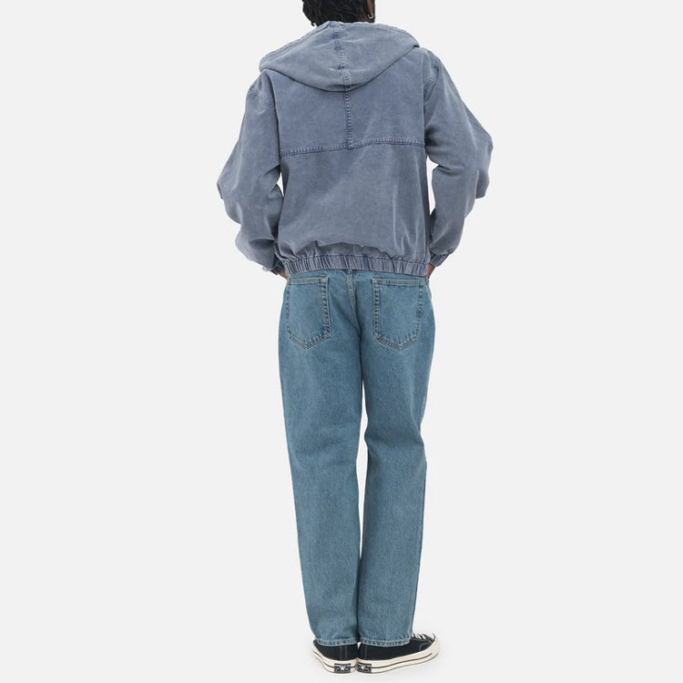 Men's Stussy SS22 Stone Washed Work Jacket Blue Metallic Zipper Hooded Jacket 115632