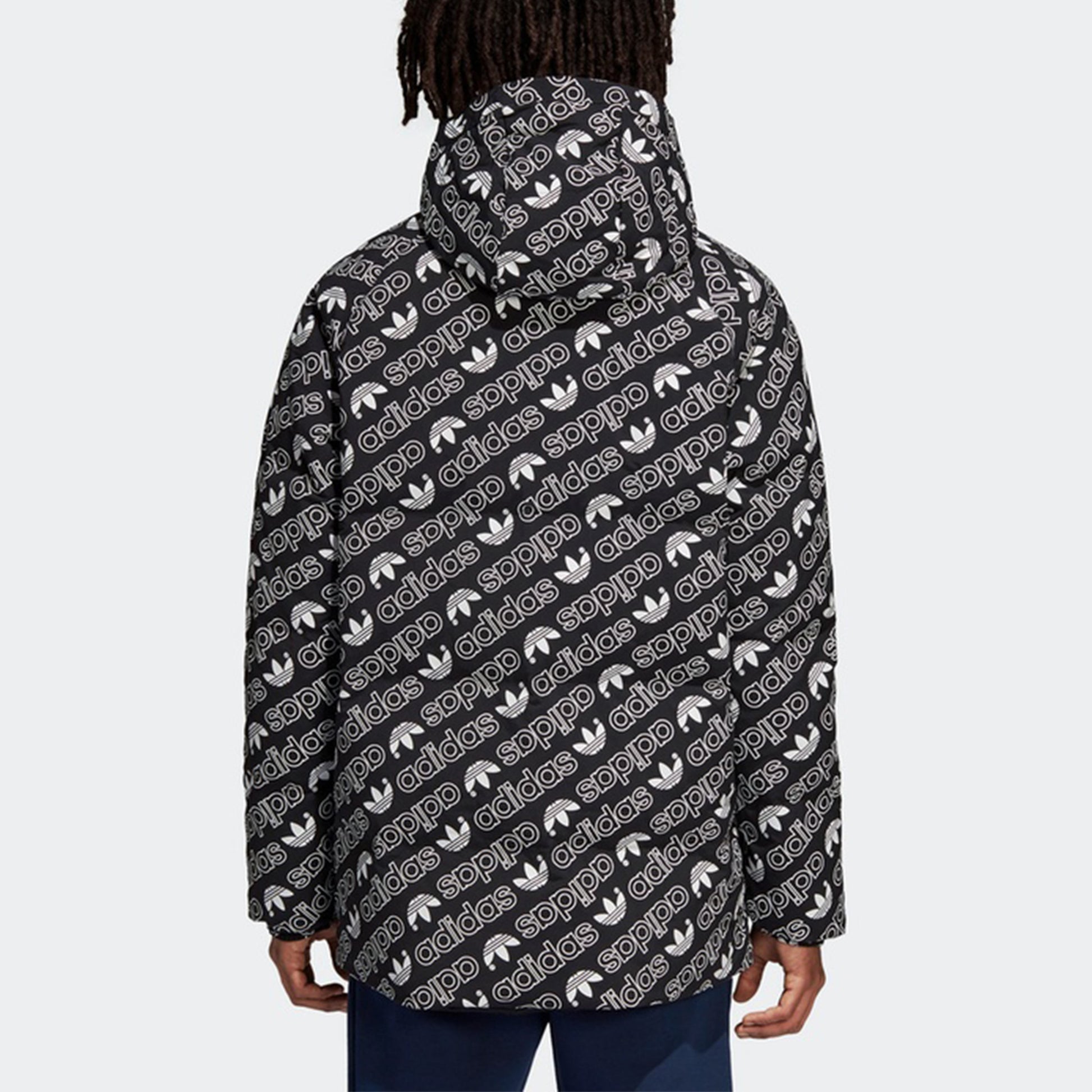 adidas originals Monogram JKT Full Print logo Reversible Stay Warm hooded down Jacket Black White DP8561