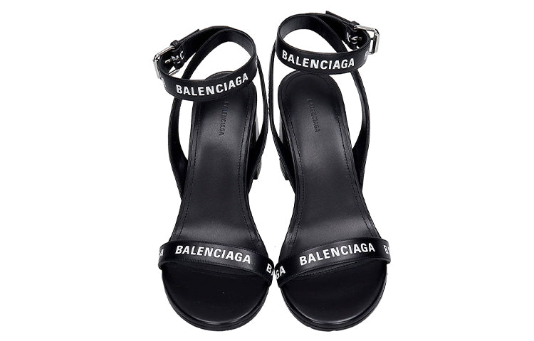 (WMNS) Balenciaga All Over Logo Sandal Heels 'Black' 630041WBAE11090