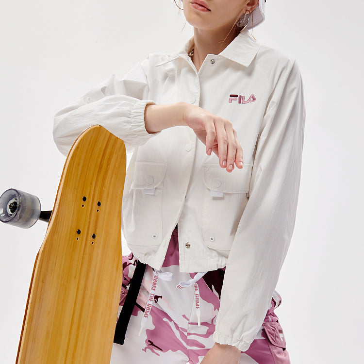 FILA FUSION Logo Embroidered Big Pocket Woven Loose Jacket White T11W133707F-WT